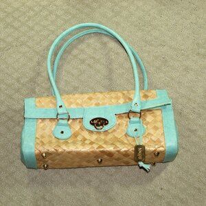 Maggi B Natural Straw & Aqua Blue Edging And Handles Handbag